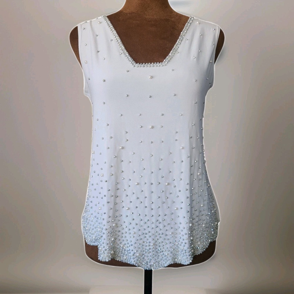 Vintage Y2K Tank Top Blouse MSK Studded Pearl Size S‎ Petite Silver Going Out